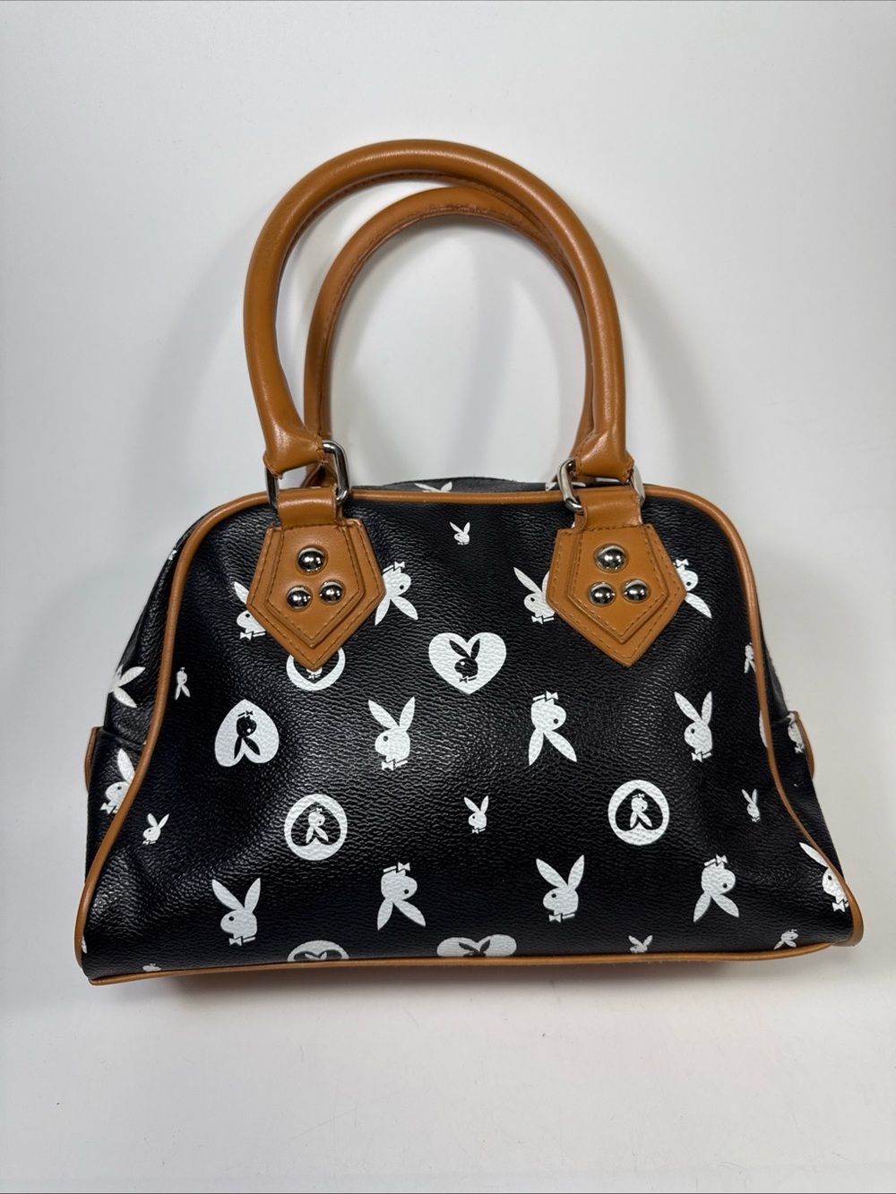 Vtg y2k Playboy Black and Tan Printed Satchel Bag pink interior - Picture 3 of 16